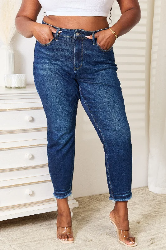 Judy Blue Full Size High Waist Released Hem Slit Jeans Comfortable Drawstring Waist Jeans