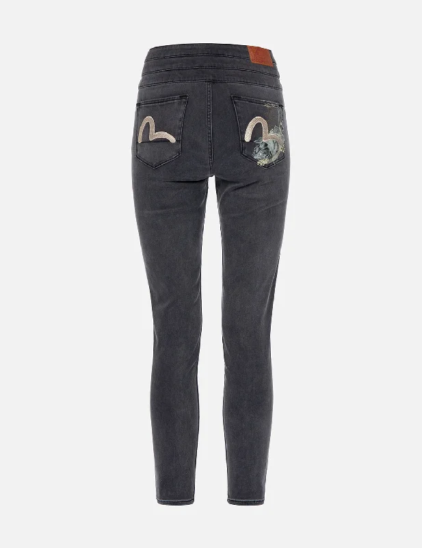 Koi Print and Seagull Embroidery Super High-Waist Skinny Jeans Fashionable Distressed Jeans