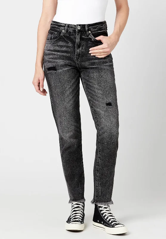 Margot Mom Jeans in Distressed Black - BL15860 Trendy Low-Rise Bootcut Jeans