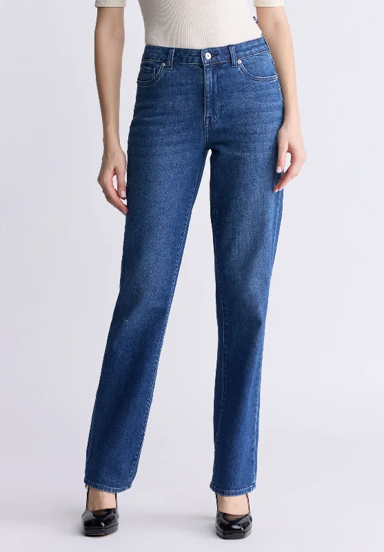 Mid Rise Straight Mary Women's Jeans, Contrasting Indigo  - BL15988 Trendy Wide-Legged High-Waist Jeans