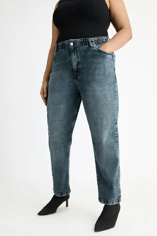 Curved Mid Charcoal Stretch Mom Jeans Trendy Flared Leg Jeans