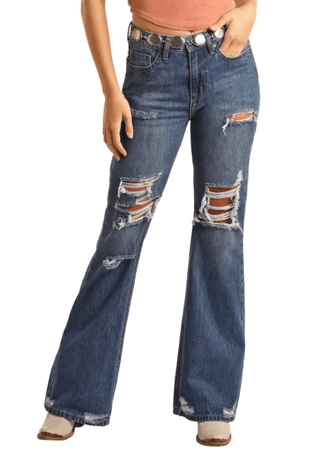 Rock & Roll Cowgirl Women's High-Rise Distressed Slim Fit Flare Jeans BW6HD03997 Elegant High-Waisted Flared Jeans