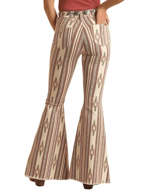 Rock & Roll Cowgirl Women's Natural Southwestern Aztec Stripe High Rise Stretch Flare Jeans BW7PD03988 Trendy Low-Rise Slim Jeans