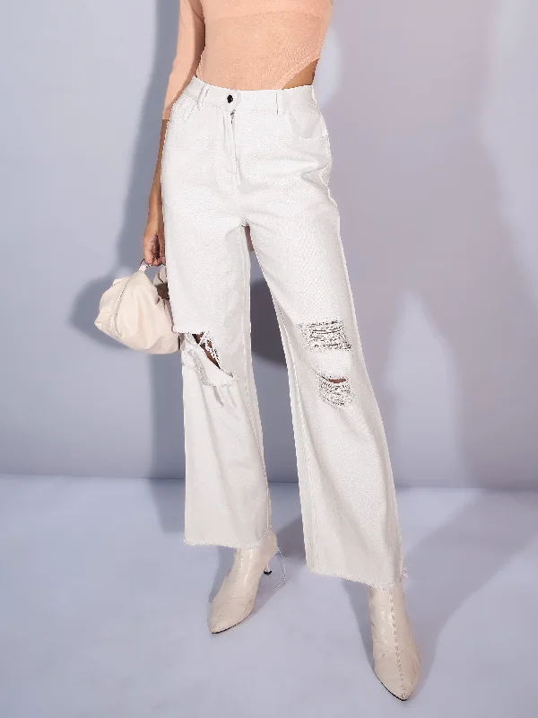 Women White Twill Distress Frayed Hem Jeans Comfortable Straight-Legged Denim