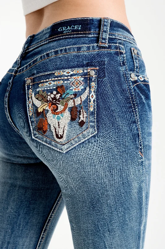 Steer Head Colorful Embellished Low Rise Bootcut Jeans Fashionable Cropped Denim Jeans