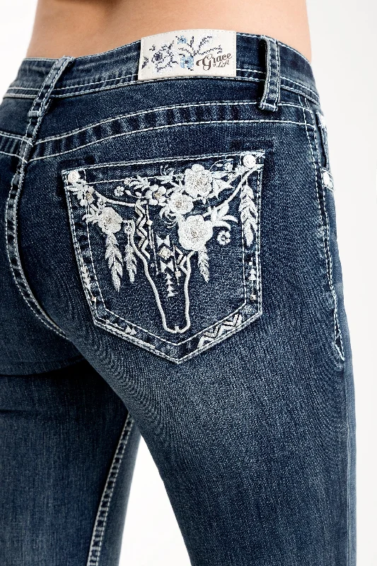 Floral Steer Head  Embellished Mid Rise Bootcut Jeans Casual Distressed Denim Jeans