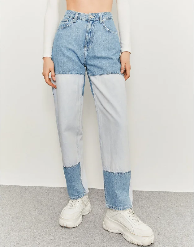 Two Toned Mom Jeans( Defected ) Trendy Pleated Waist Jeans