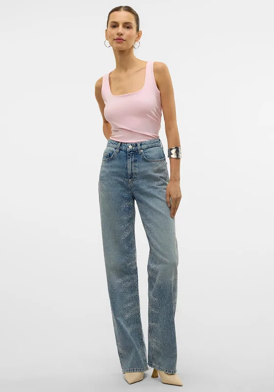 Vero Moda Tessa Embellished High Rise Jeans, Light Blue Casual Straight-Leg Jeans