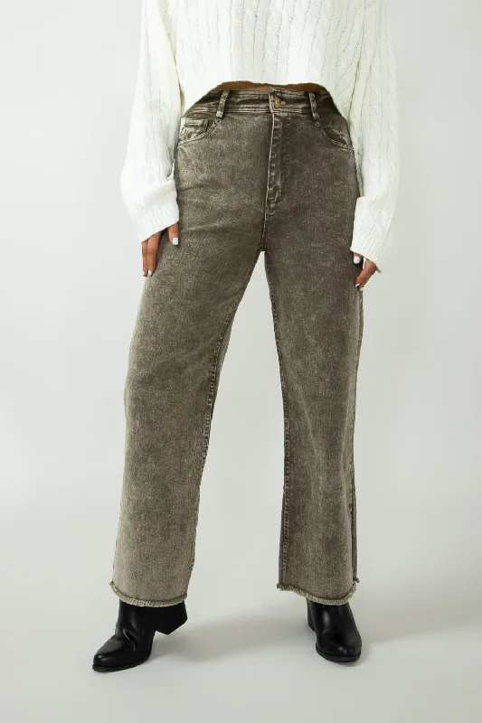 Washed Frayed Wide Leg Jeans for Women in Olive | NP70291-OLIVE Elegant Dark-Wash Bootcut Jeans