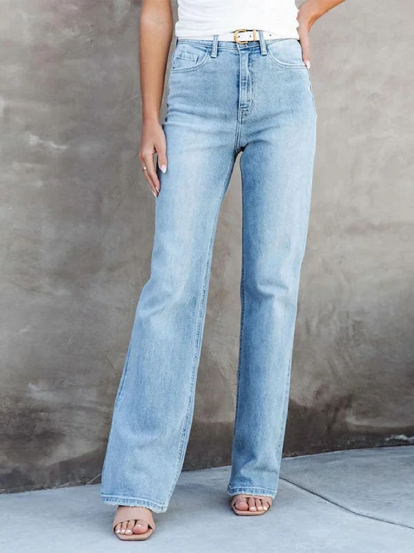 Washed Straight Leg Jeans Comfortable Mid-Rise Jeans