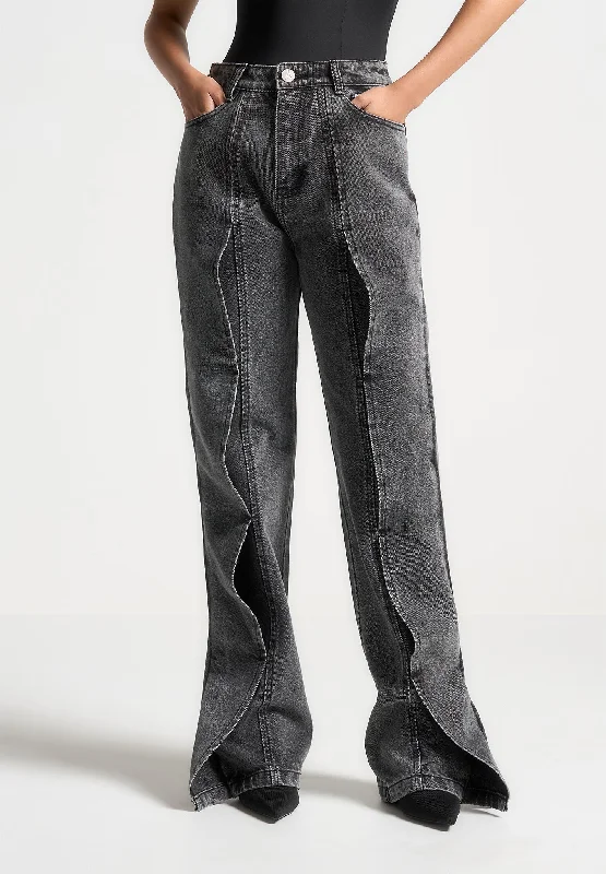 Wave Detail Boyfriend Jeans - Washed Grey Trendy Colored Denim Jeans