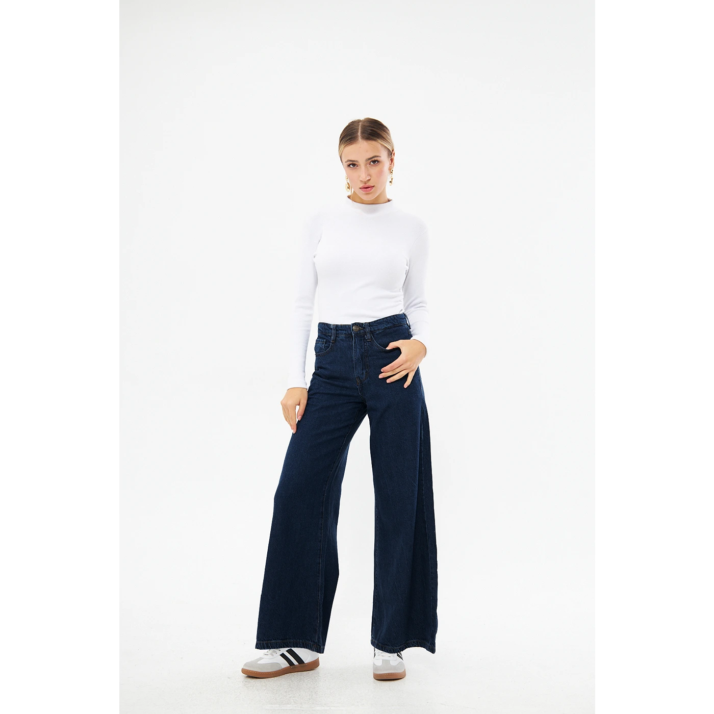 Dark Blue Puddle Wide Leg Jeans Fashionable Cropped Denim Jeans