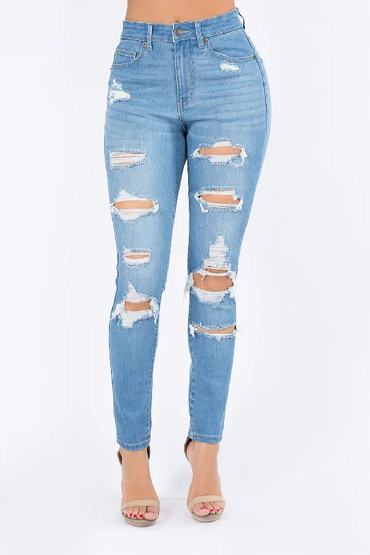 Women's Essential Unreleased Hem High Waist Distressed Skinny Jeans Comfortable Low-Rise Jeans