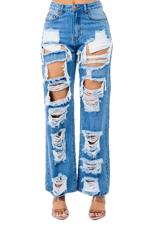 Women's High Distressed Wide Fit Denim Jeans Chic Rolled Cuff Denim Jeans