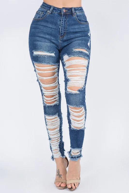 Women's High Waist Heavy Distressing Denim Skinny Jeans Fashionable White Denim Jeans