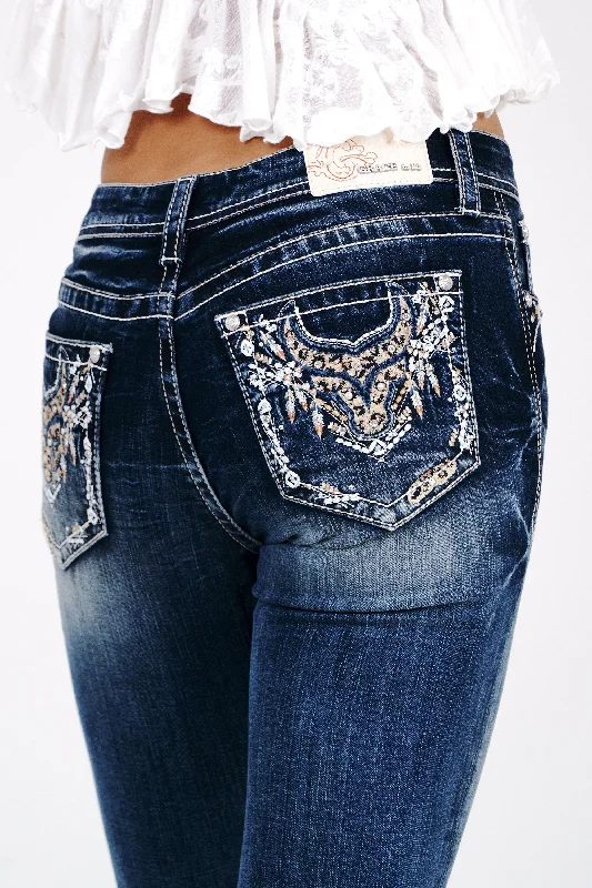 Steer Head Embroidery Mid Rise  Bootcut Jeans Chic Double Waistband Jeans